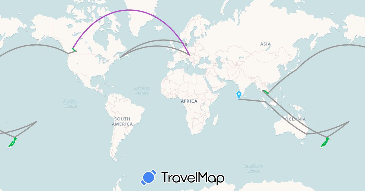 TravelMap itinerary: driving, bus, plane, train, boat in Australia, Canada, Cook Islands, Denmark, Japan, Cambodia, Maldives, New Zealand, Singapore, Thailand, Vietnam (Asia, Europe, North America, Oceania)